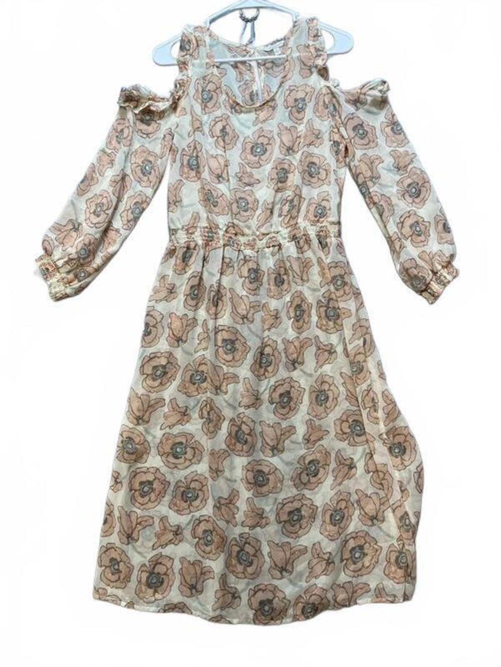 Lucky Brand Women's Floral Cold Shoulder Midi Dress Beige Long Sleeve Large - Picture 1 of 8